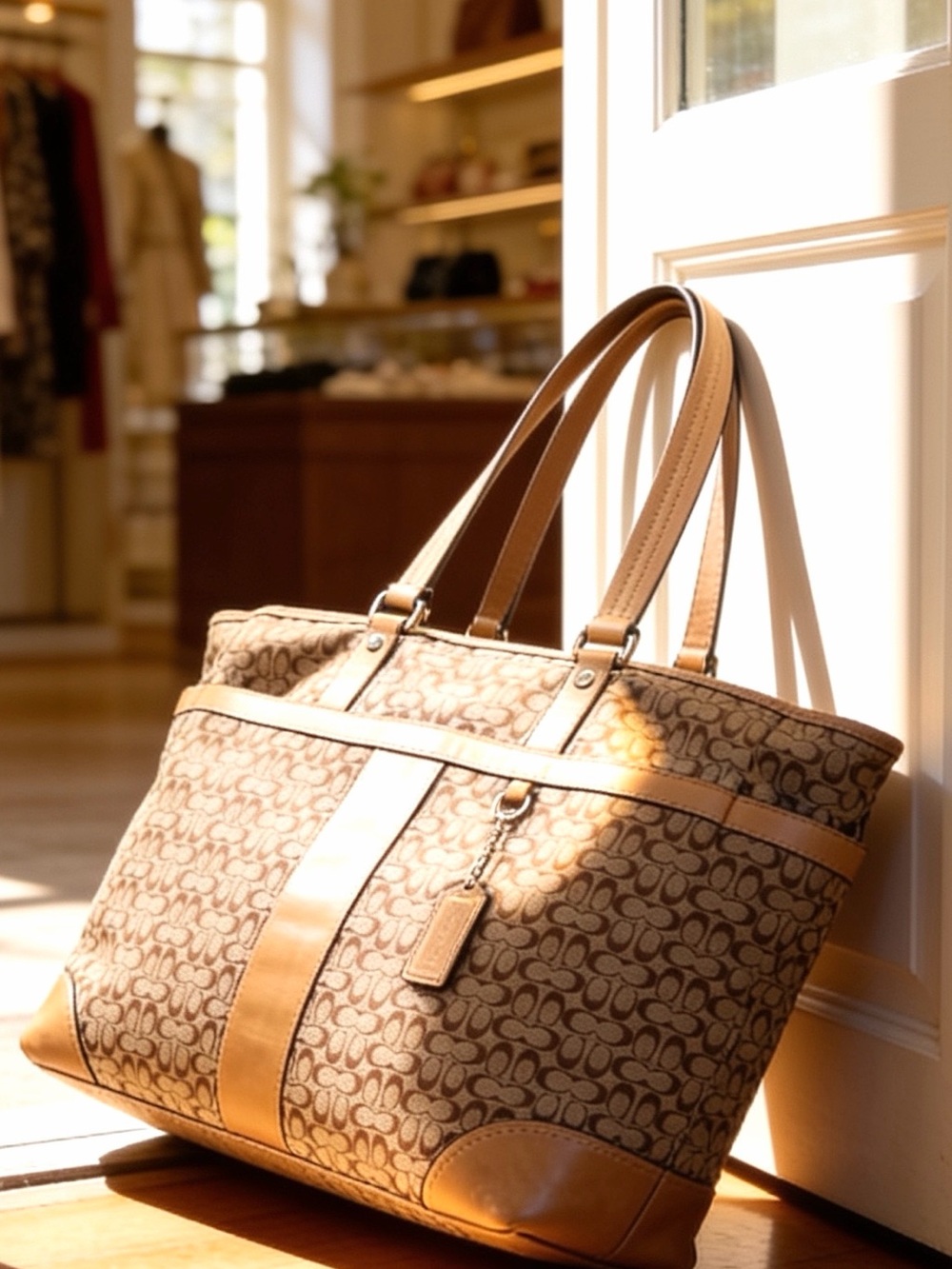 Coach Signature Tote Bag Canvas & Leather Brown/Beige Authentic F77156 Zip Charm